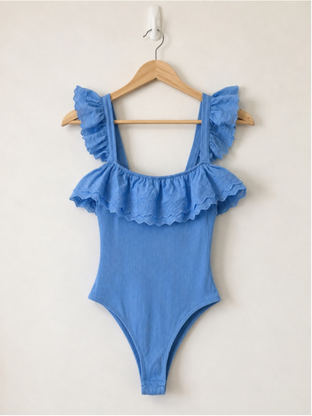 Feminine Blue White Birch Blue Ruffled Eyelet One-Piece Bodysuit Tank Top Size M